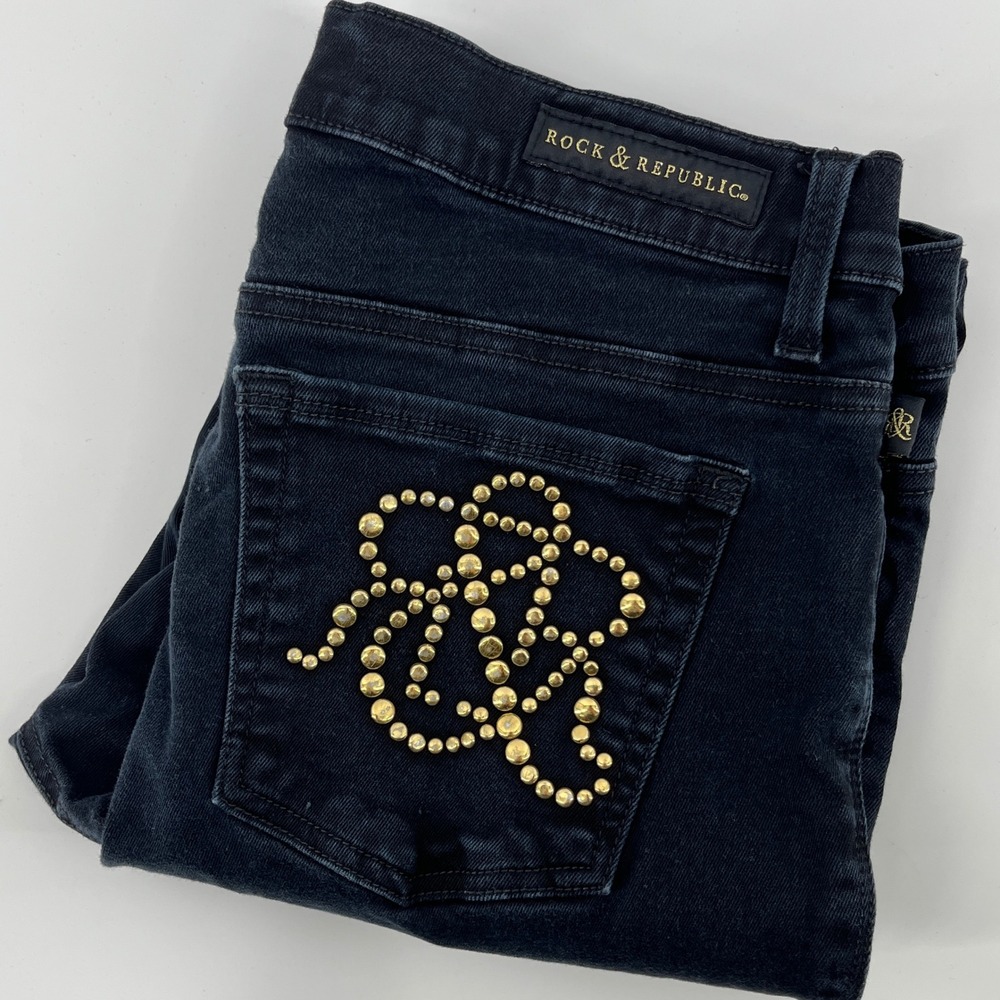 Rock & Republic Capri Jeans, Womens 14, Black, Studded Gold Accents P11-498